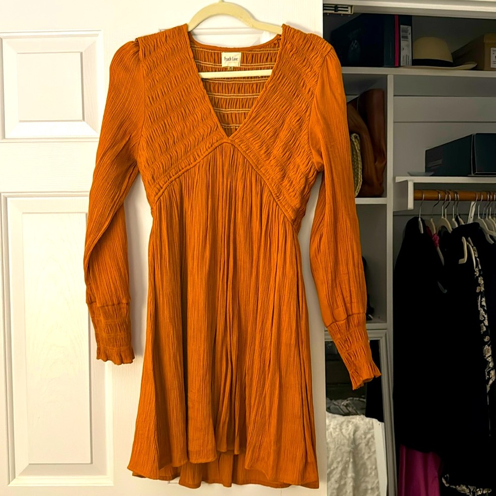 Boutique Peach Love Burnt Orange w/ gold shimmer dress: worn once